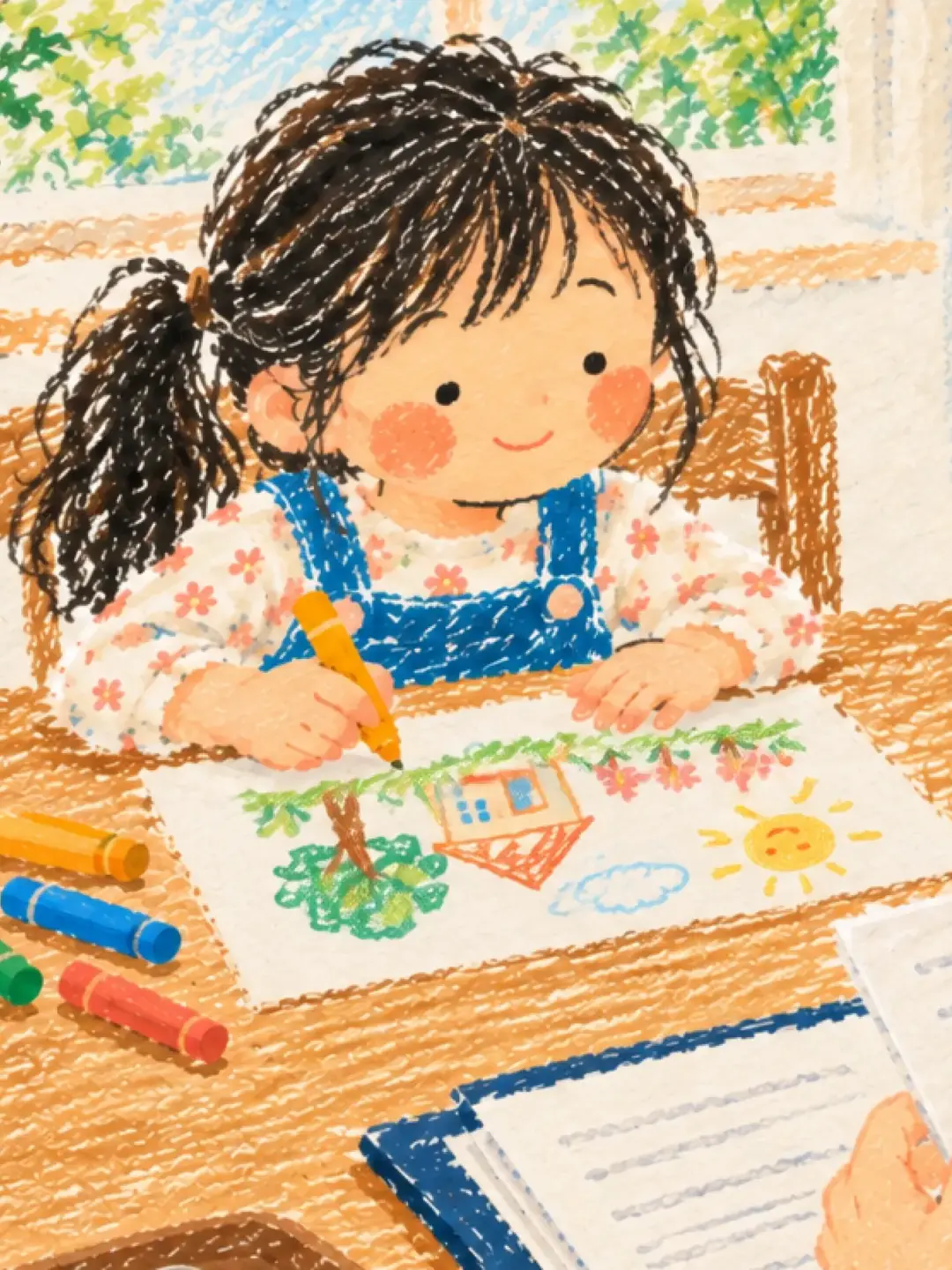 식탁에서 그림을 그리는 아이와 서류를 보는 엄마의 뒷모습 일러스트